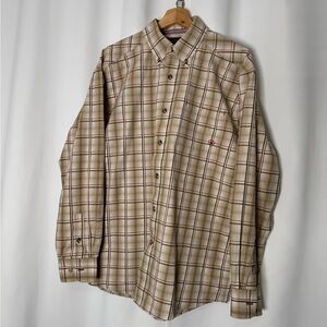 Ariat Men's Tan and Red Plaid Button Down Shirt Large